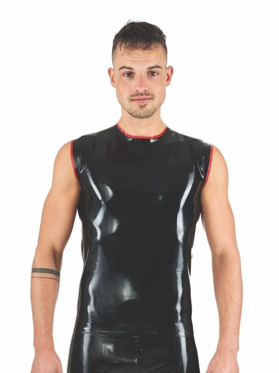 Gumové tílko Mister B Rubber Sleeveless T-Shirt černo-červené M, černé latexové tričko bez rukávů s červenými lemy