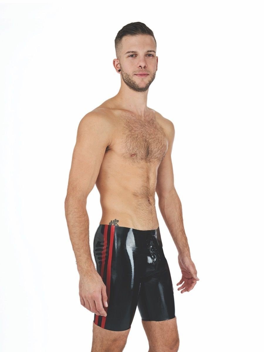 Gumové kraťasy Mister B Rubber Fucker Shorts černo-červené S, černé latexové šortky s 3cestným zipem v rozkroku