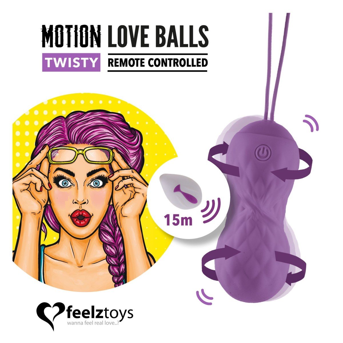 FeelzToys Twisty Remote Controlled Motion Love Balls, silikonové vaginální kuličky s dálkovým ovládáním s průměrem 3,4 cm