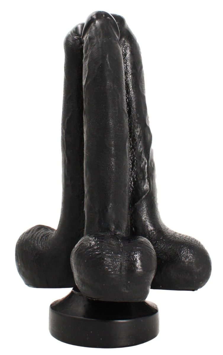 Xtrem Mission 3 in 1, čierne vinylové trojité dildo 34,5 x 8–11 cm