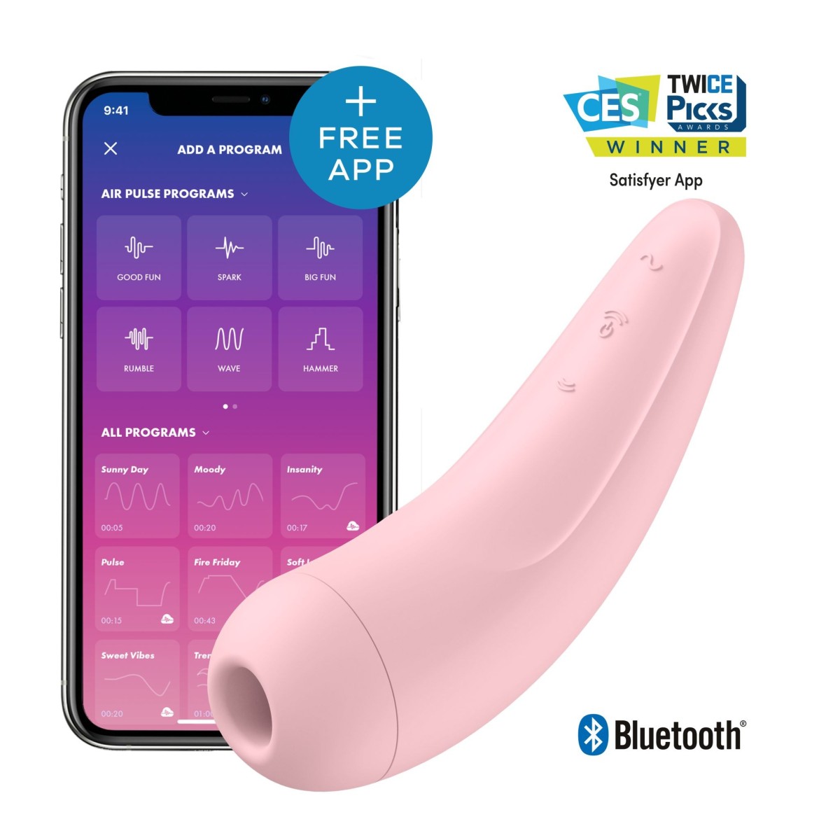 Stimulátor klitorisu Satisfyer Curvy 2+ Pink, chytrý bezdotykový stimulátor klitorisu s vibracemi