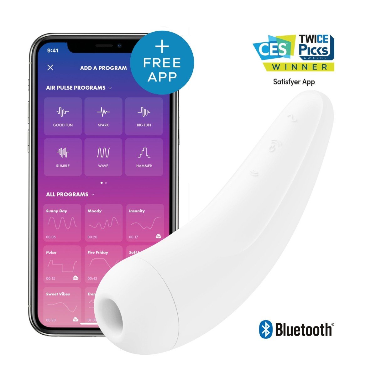 Stimulátor klitorisu Satisfyer Curvy 2+ White, chytrý bezdotykový stimulátor klitorisu s vibracemi