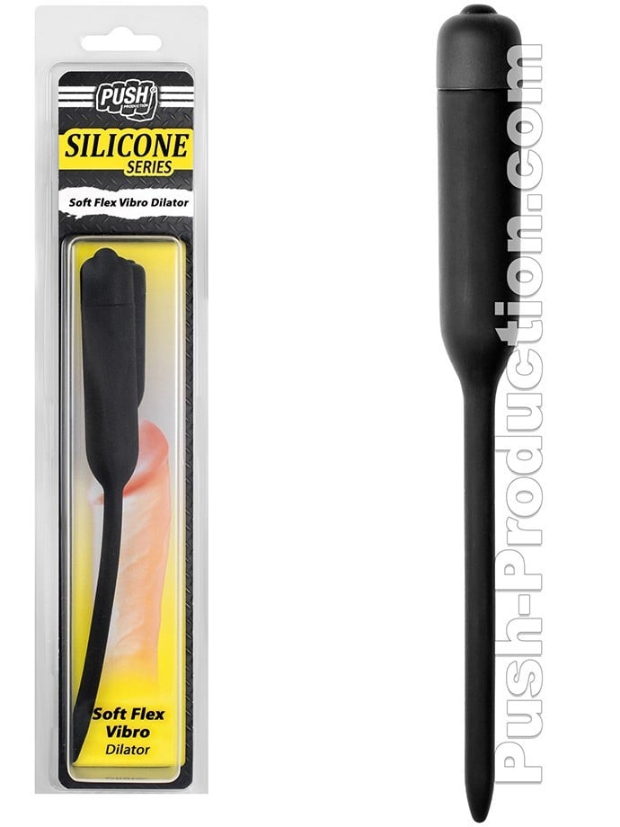 Push Silicone Soft Flex Vibro Dilator M, čierny silikónový vibrujúci dilatátor 205 x 6 mm
