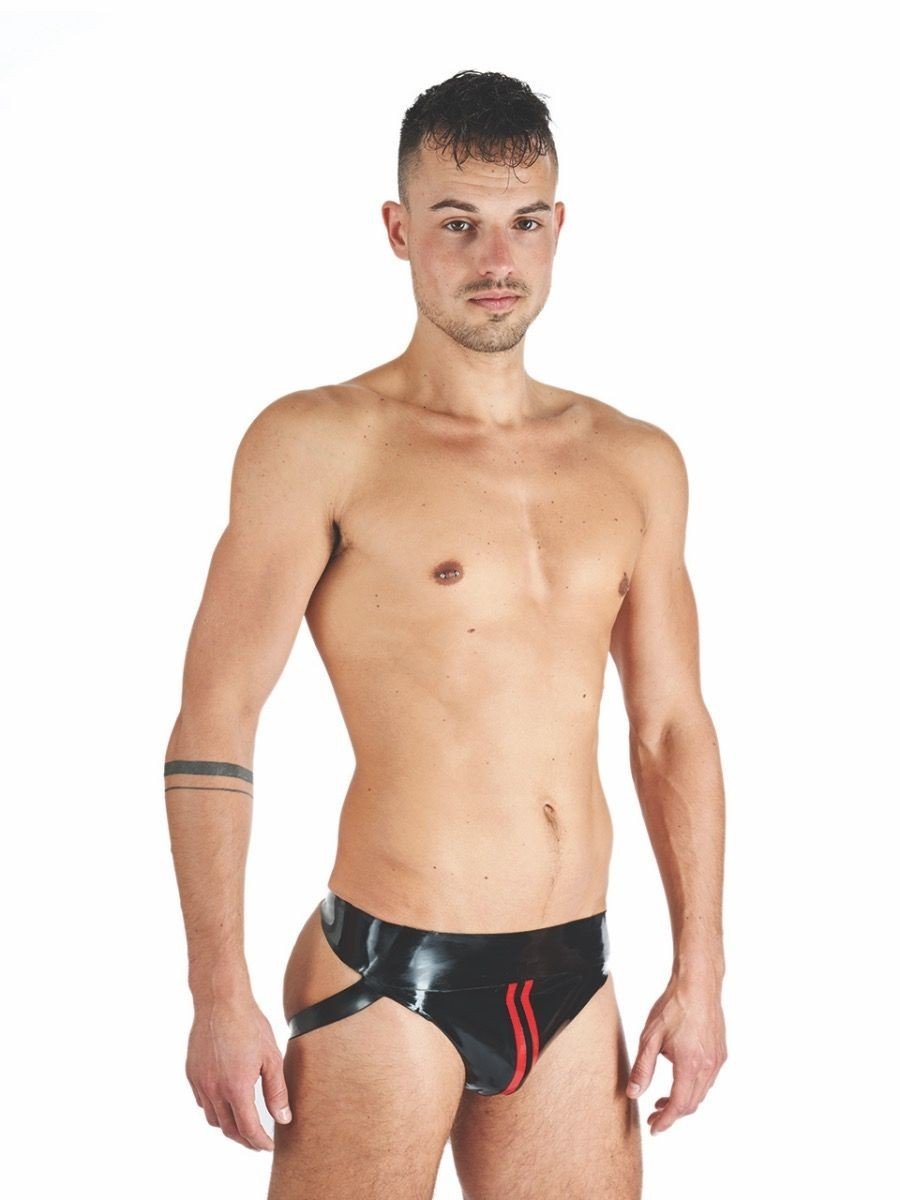 Gumové jocksy Mister B Rubber Jock Strap černo-červené L, pánské latexové jocksy