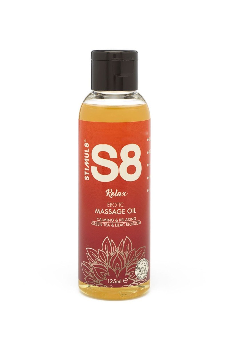 Stimul8 S8 Green Tea & Lilac Blossom Massage Oil 125 ml, erotický masážny olej s vôňou zeleného čaju a orgovánu