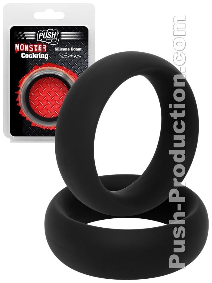Silikónový erekčný krúžok Push Monster Donut 40 mm, čierny pružný silikónový erekčný krúžok