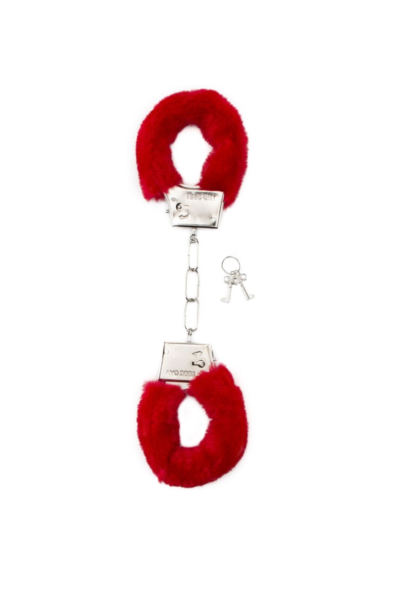 Plyšová pouta Shots Toys Furry Handcuffs červená, kovová pouta s plyšem