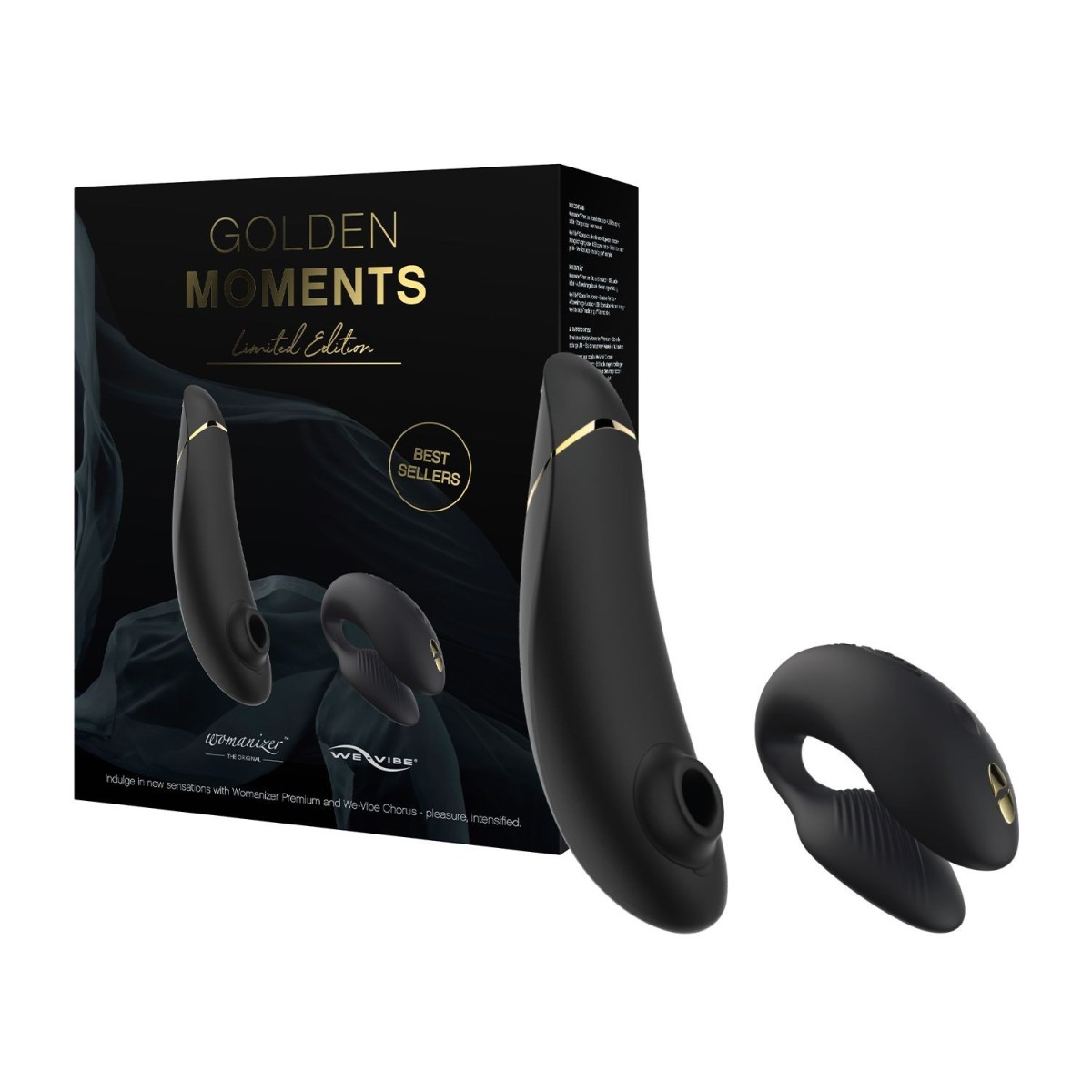 Womanizer Golden Moments Collection, luxusná sada bezdotykového stimulátora klitorisu a partnerského vibrátora