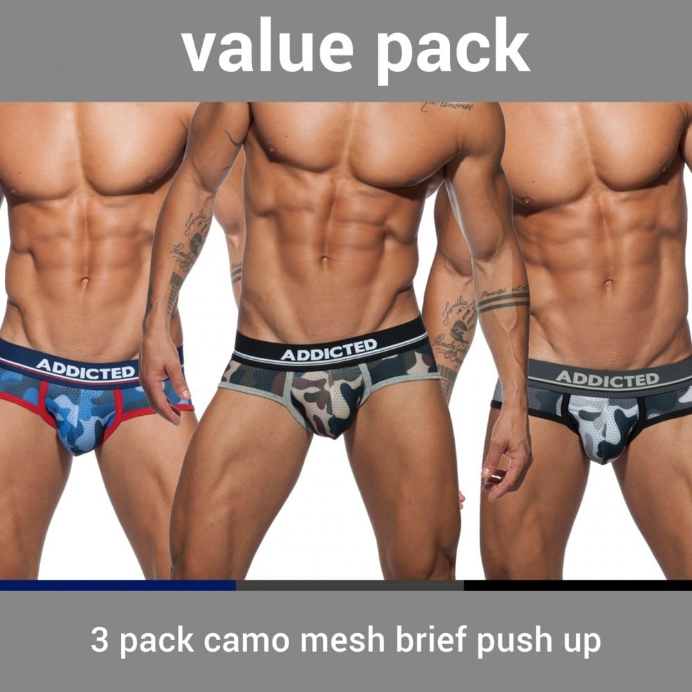 Slipy Addicted AD697P Camo Mesh Brief Push Up 3 ks S, výhodné balení 3 pánských slipů s push-up efektem