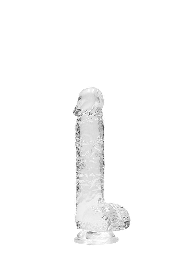 Gélové dildo RealRock Crystal Clear 6″ priehľadné, dildo s prísavkou a semenníkmi 17 x 3,1 cm