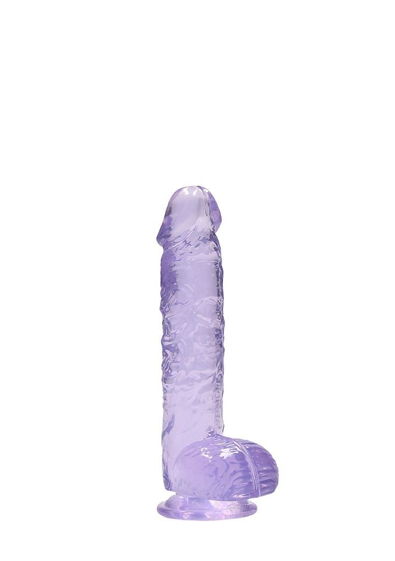 Gelové dildo RealRock Crystal Clear 6″ fialové, dildo s přísavkou a varlaty 17 x 3,1 cm