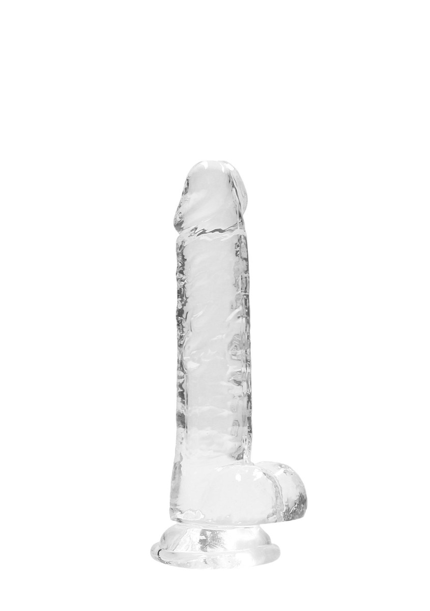 Gelové dildo RealRock Crystal Clear 7″ průhledné, dildo s přísavkou a varlaty 19 x 3,5 cm