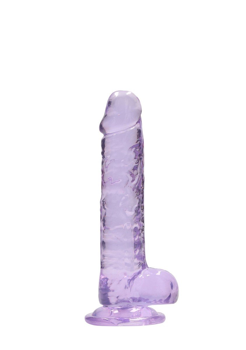 Gelové dildo RealRock Crystal Clear 7″ fialové, dildo s přísavkou a varlaty 19 x 3,5 cm