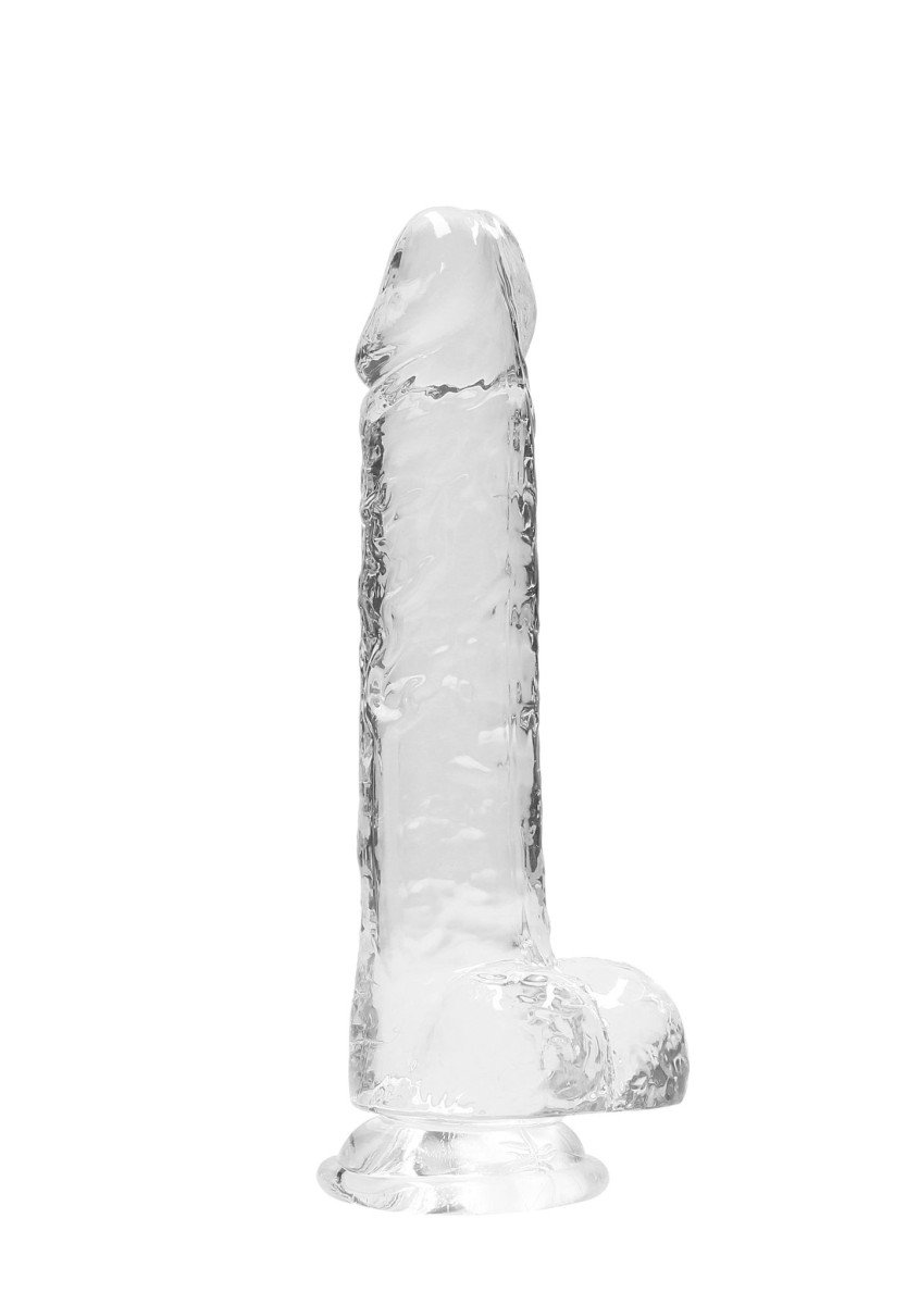 Gélové dildo RealRock Crystal Clear 8″ priehľadné, dildo s prísavkou a semenníkmi 21 x 4 cm