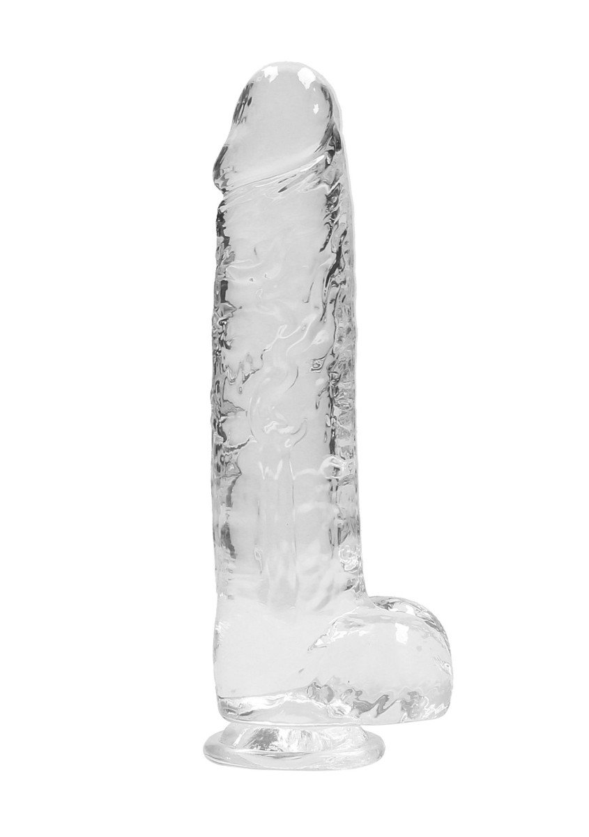 Gelové dildo RealRock Crystal Clear 9″ průhledné, dildo s přísavkou a varlaty 24 x 4,5 cm