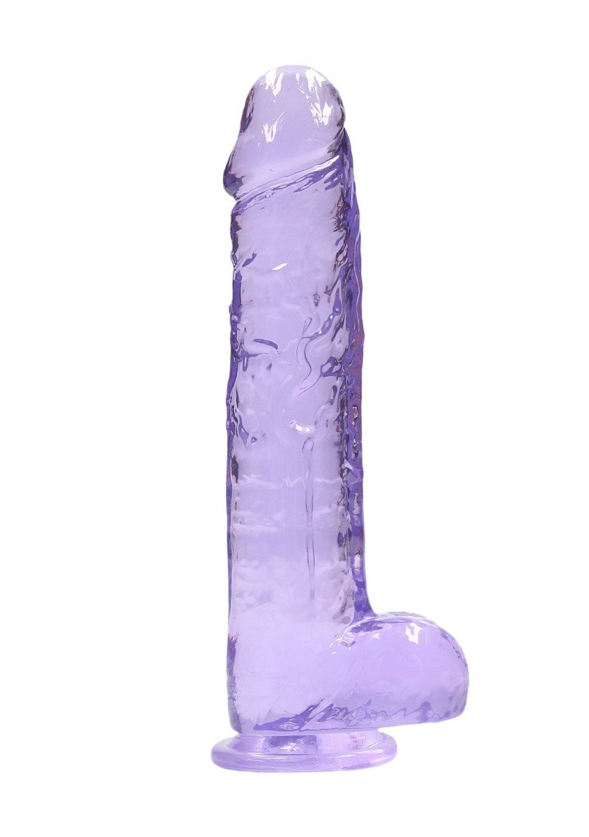 Gelové dildo RealRock Crystal Clear 9″ fialové, dildo s přísavkou a varlaty 24 x 4,5 cm