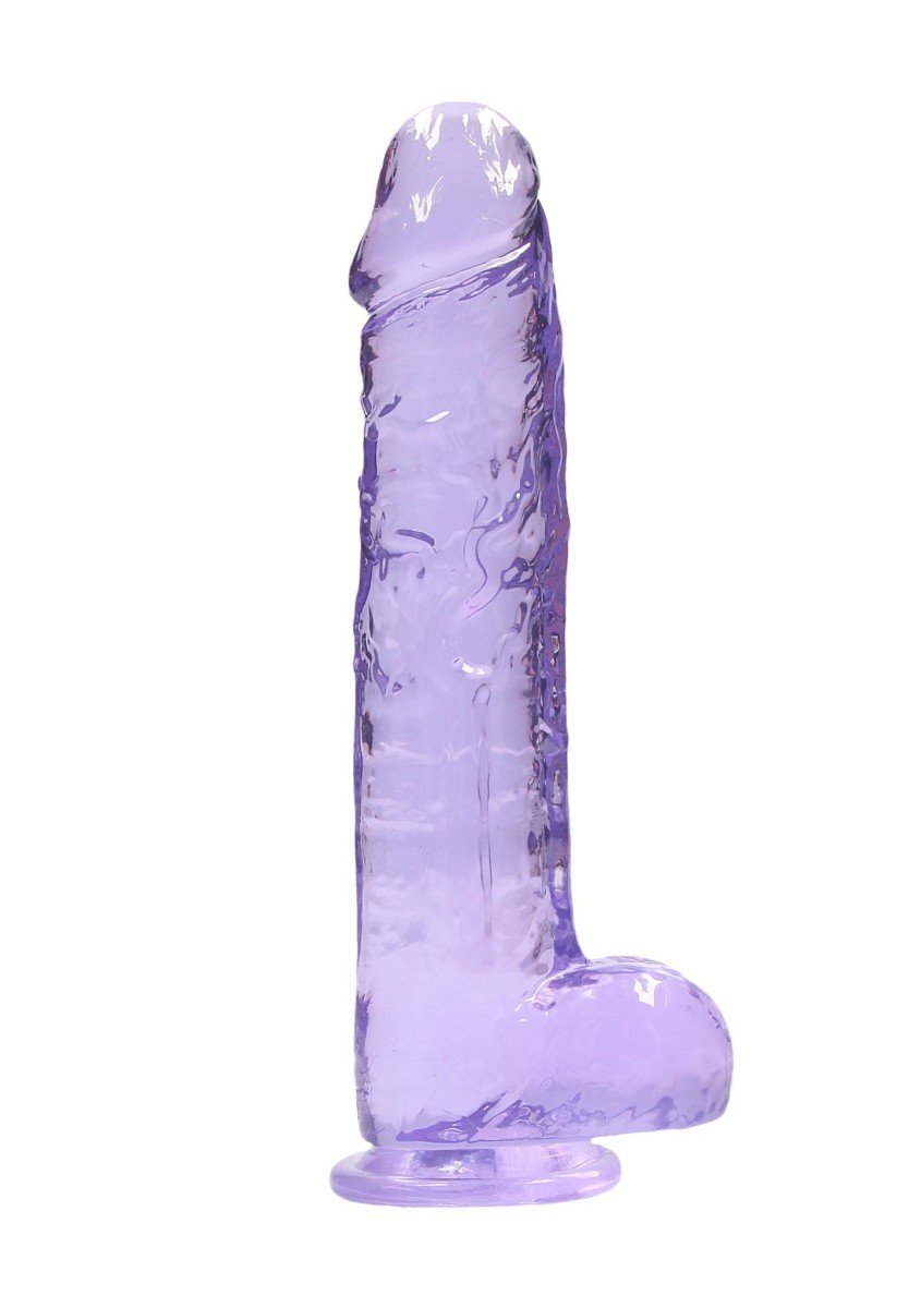 Gélové dildo RealRock Crystal Clear 9″ fialové, dildo s prísavkou a semenníkmi 24 x 4,5 cm