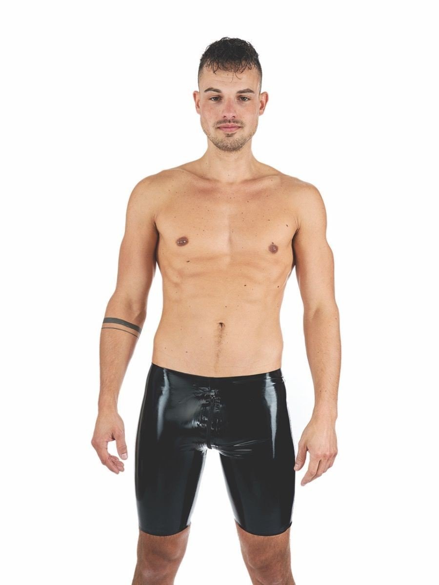 Gumové kraťasy Mister B Rubber Fucker Shorts černé L, černé latexové šortky s 3cestným zipem v rozkroku