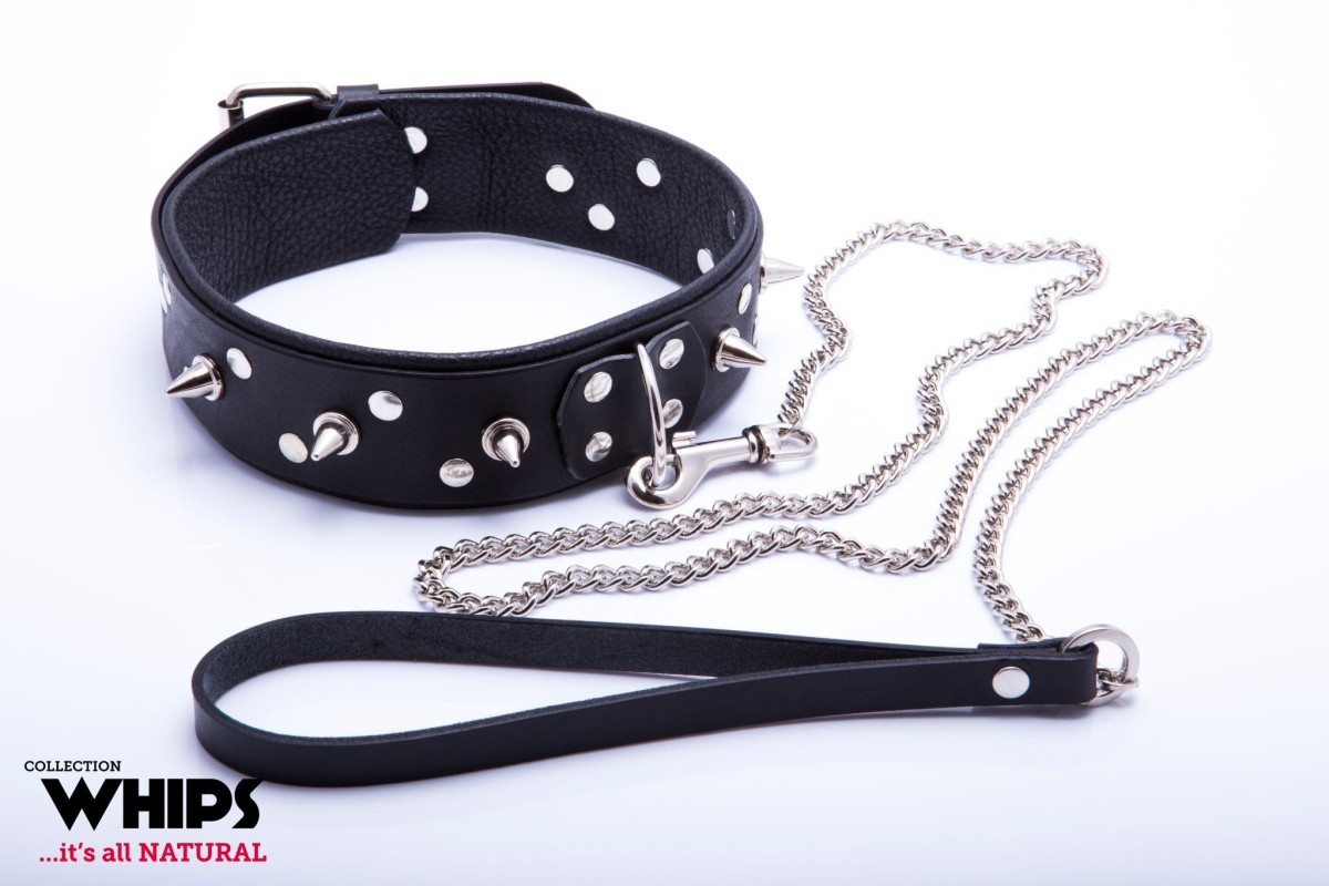 WHIPS Leather Collar with Studs and Leash for Him, obojek s ostny a vodítkem