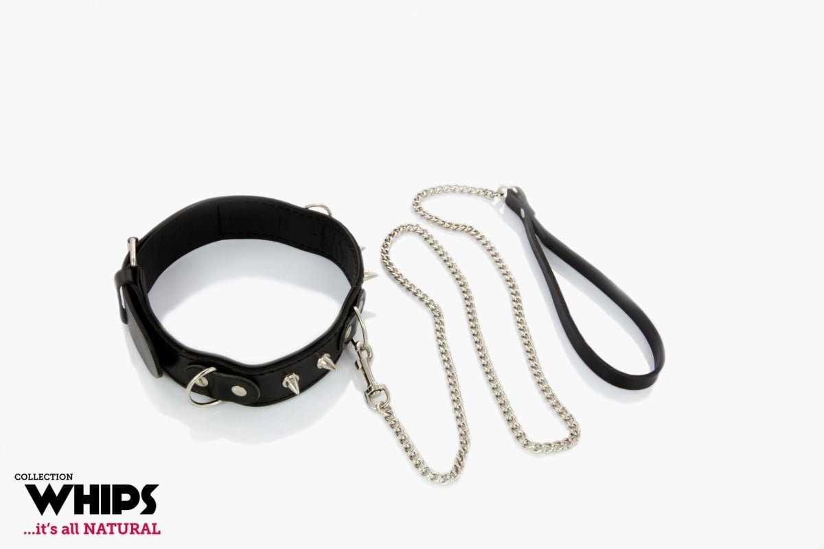 WHIPS Slave Collar with Studs and Leash, obojek s ostny a třemi D-kroužky