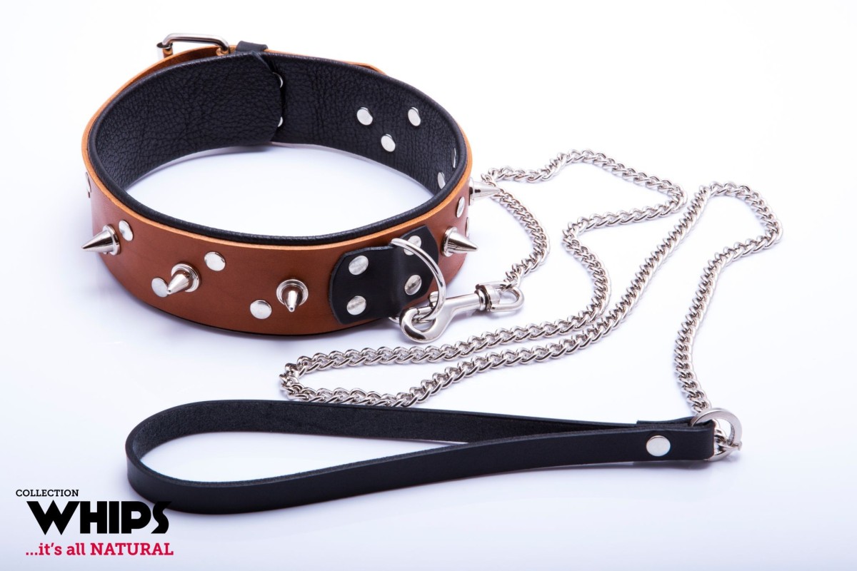 WHIPS Leather Collar with Leash for Him Cognac, hnědý obojek s ostny a vodítkem