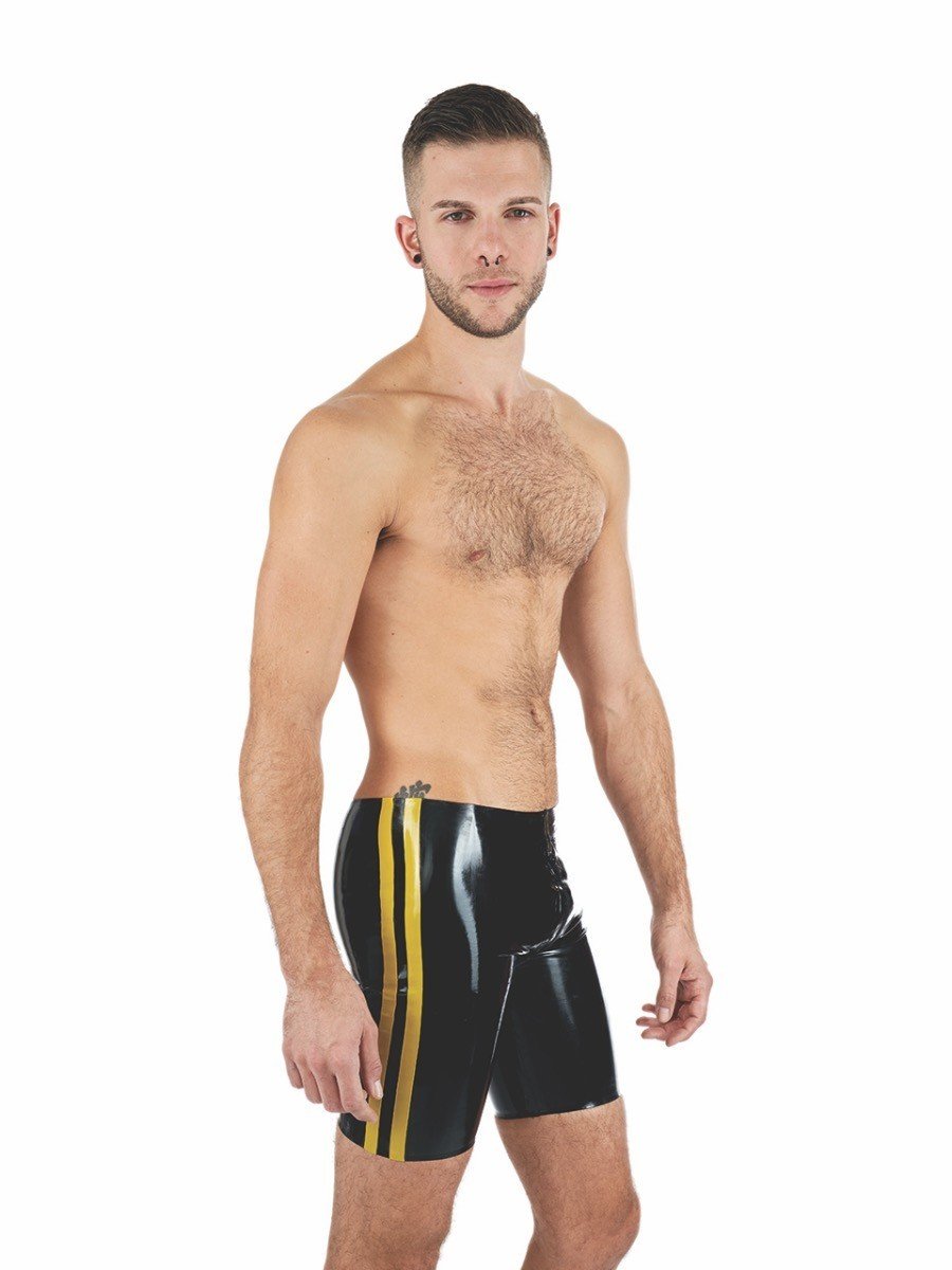 Gumové kraťasy Mister B Rubber Fucker Shorts černo-žluté S, černé latexové šortky s 3cestným zipem v rozkroku