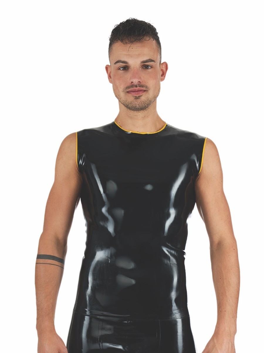 Gumové tílko Mister B Rubber Sleeveless T-Shirt černo-žluté M, černé latexové tričko bez rukávů se žlutými lemy