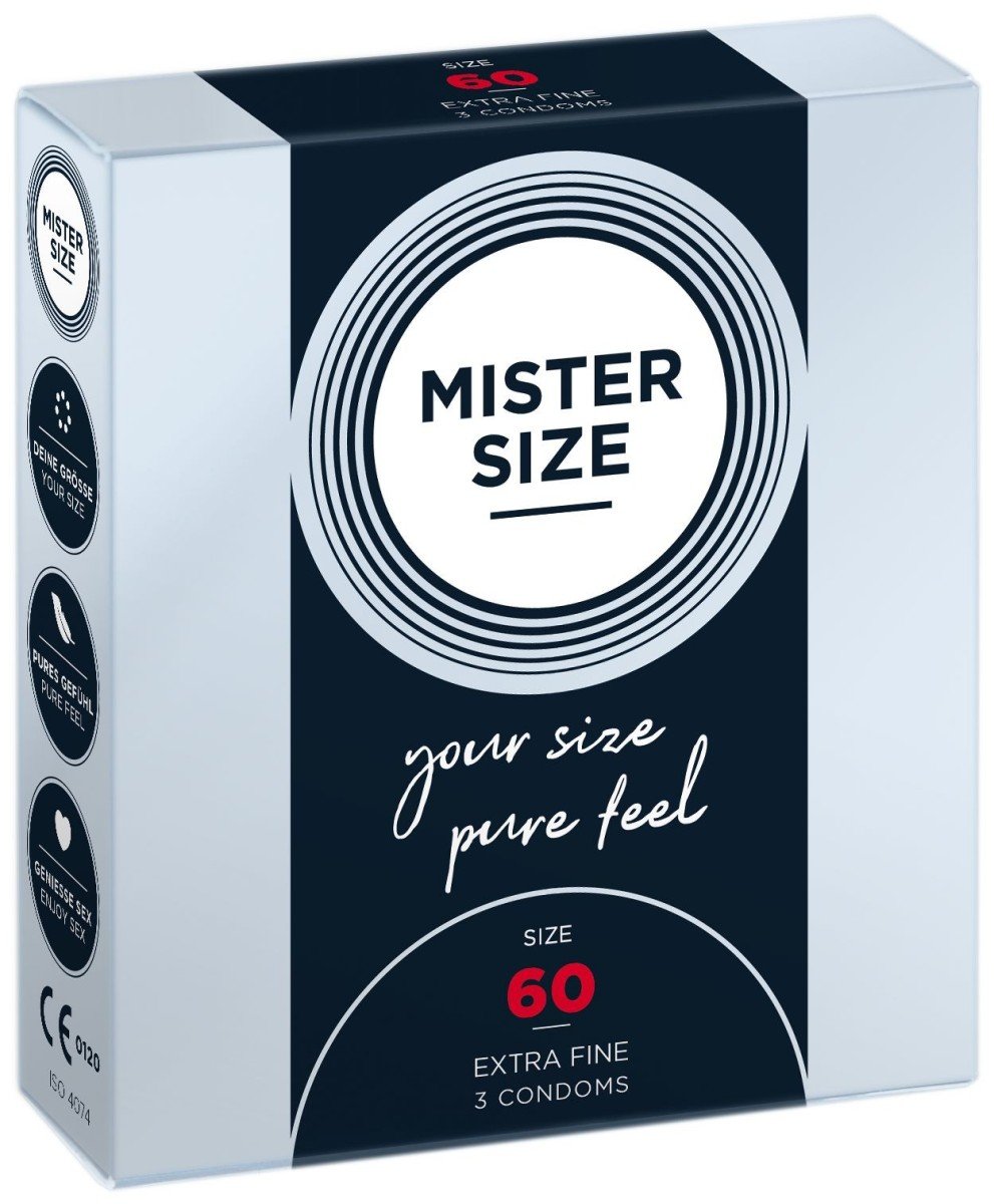 Kondómy Mister Size 3 ks 60 mm, kondómy s nominálnou šírkou 47–69 mm