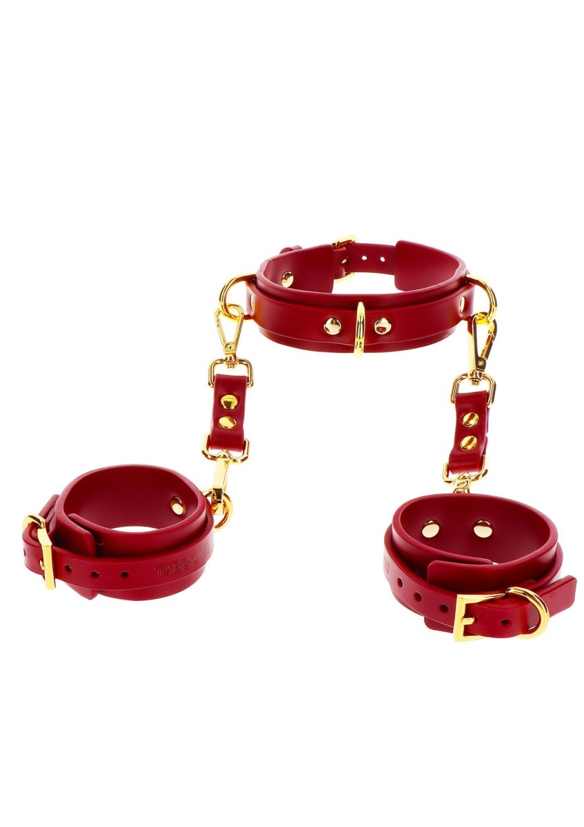 Taboom D-Ring Collar and Wrist Cuffs, červený obojek a pouta z umělé kůže
