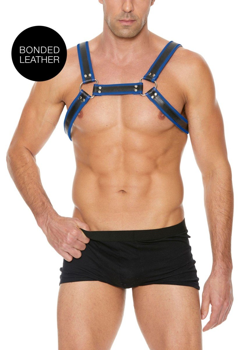 Kožený harness Ouch! Buckle Bulldog modrý S/M, pánský kožený postroj