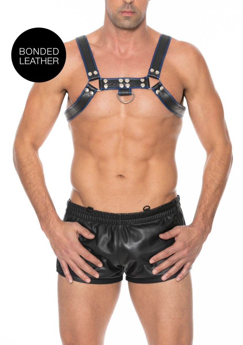 Kožený harness Ouch! Chest Bulldog modrý L/XL, pánský kožený postroj