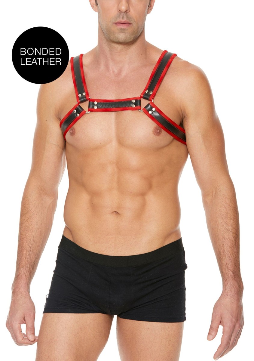 Kožený harness Ouch! Buckle Bulldog červený S/M, pánský kožený postroj