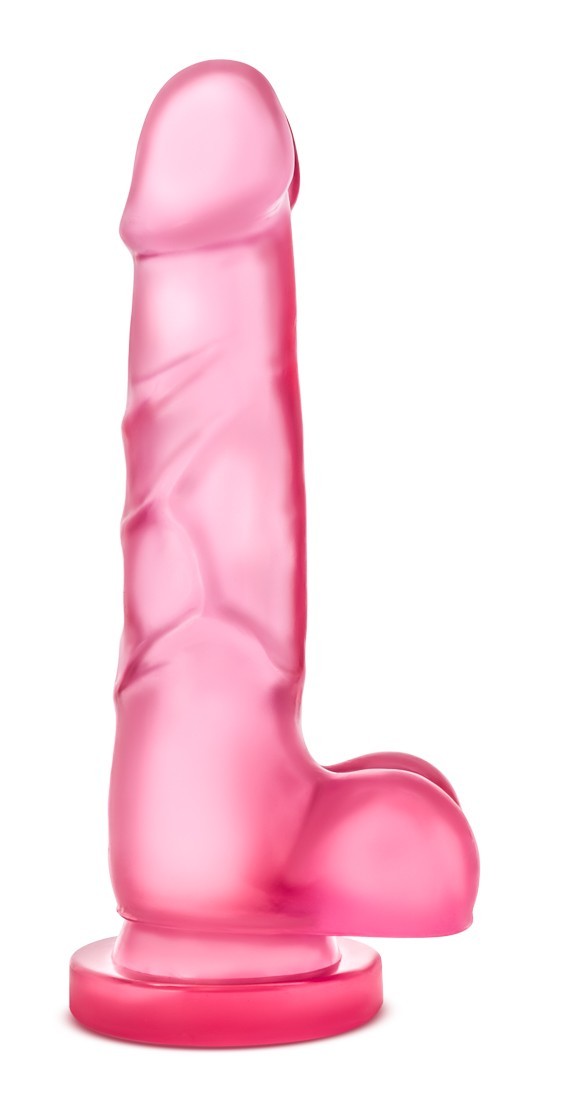 Realistické dildo Blush B Yours Sweet ’n Hard 4 růžové, gelové dildo s varlaty a přísavkou 19,5 x 3,8 cm