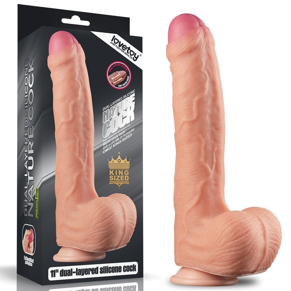 Lovetoy Dual Layered Platinum Silicone Cock 11″, tělové silikonové dildo s přísavkou 29 x 5,4 cm