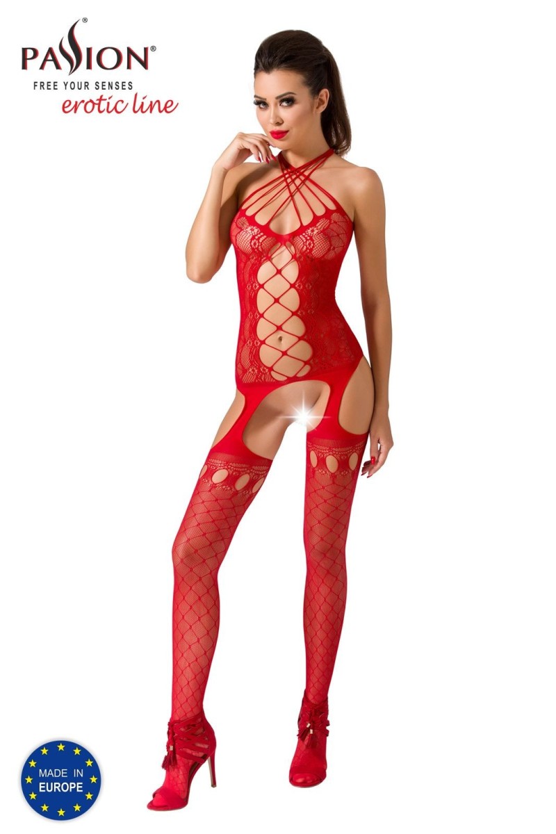 Passion BS056 Bodystocking Red, sieťované erotické body s otvoreným rozkrokom