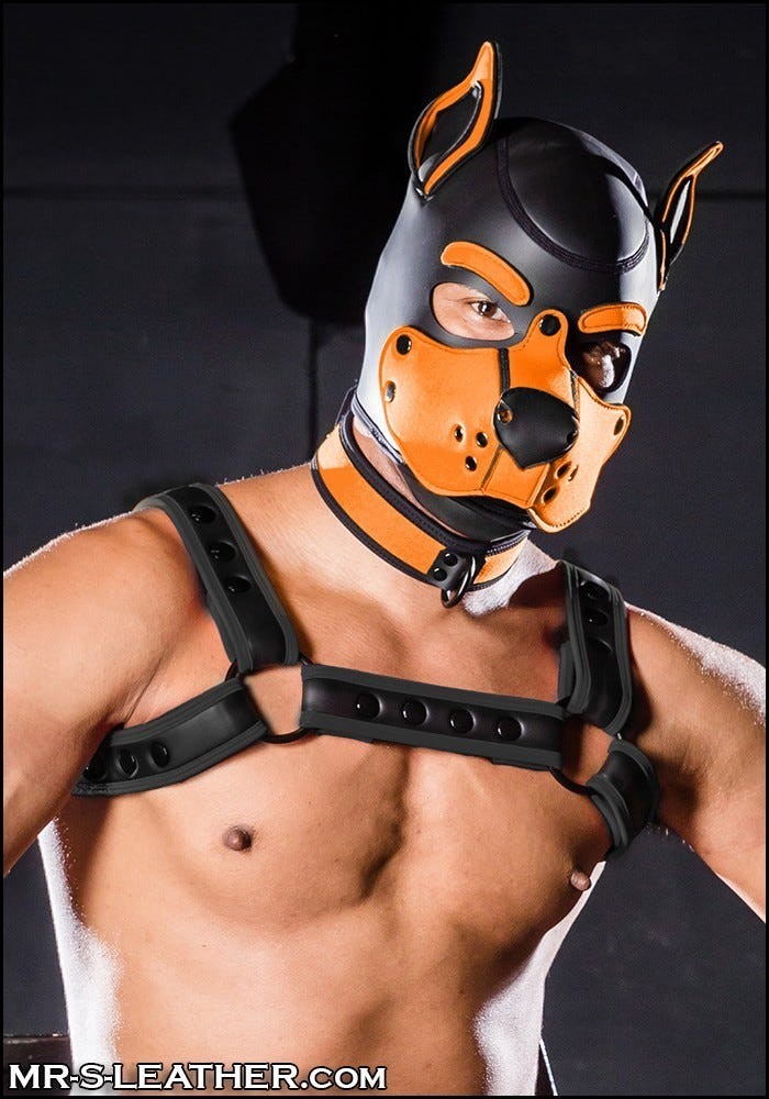 Psí maska Mr. S Leather Neoprene K9 Hood oranžová Large, neoprenová psí kukla pro puppy play