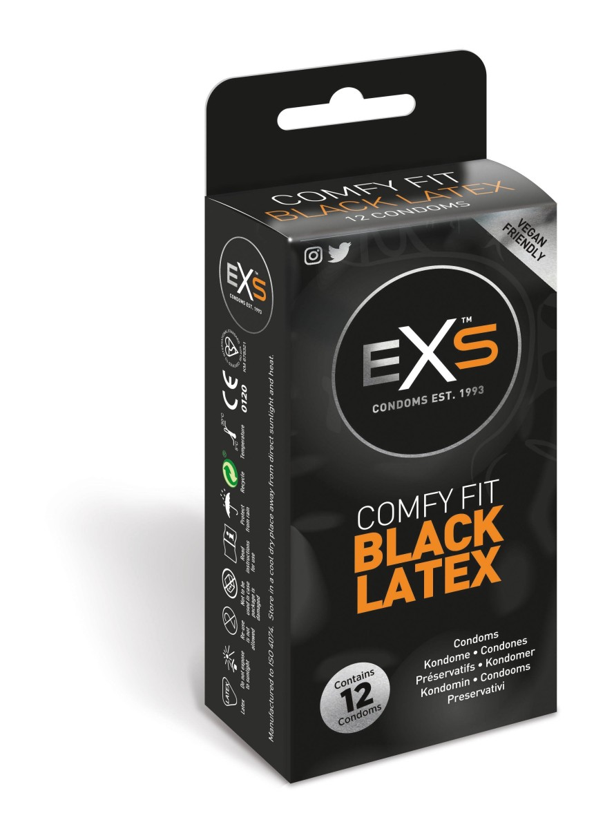 EXS Comfy Fit Black Latex Condoms 12 ks, anatomicky tvarované latexové kondómy