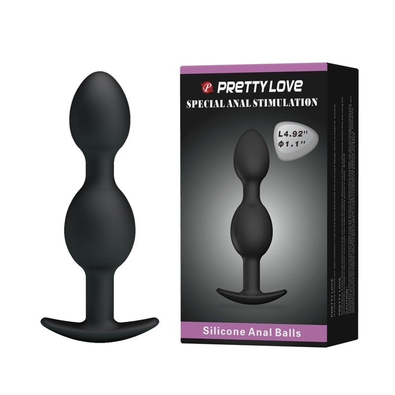 Pretty Love Silicone Anal Balls, černý anální kolík se stimulujícími kuličkami uvnitř 12,5 x 2,8–3,3 cm