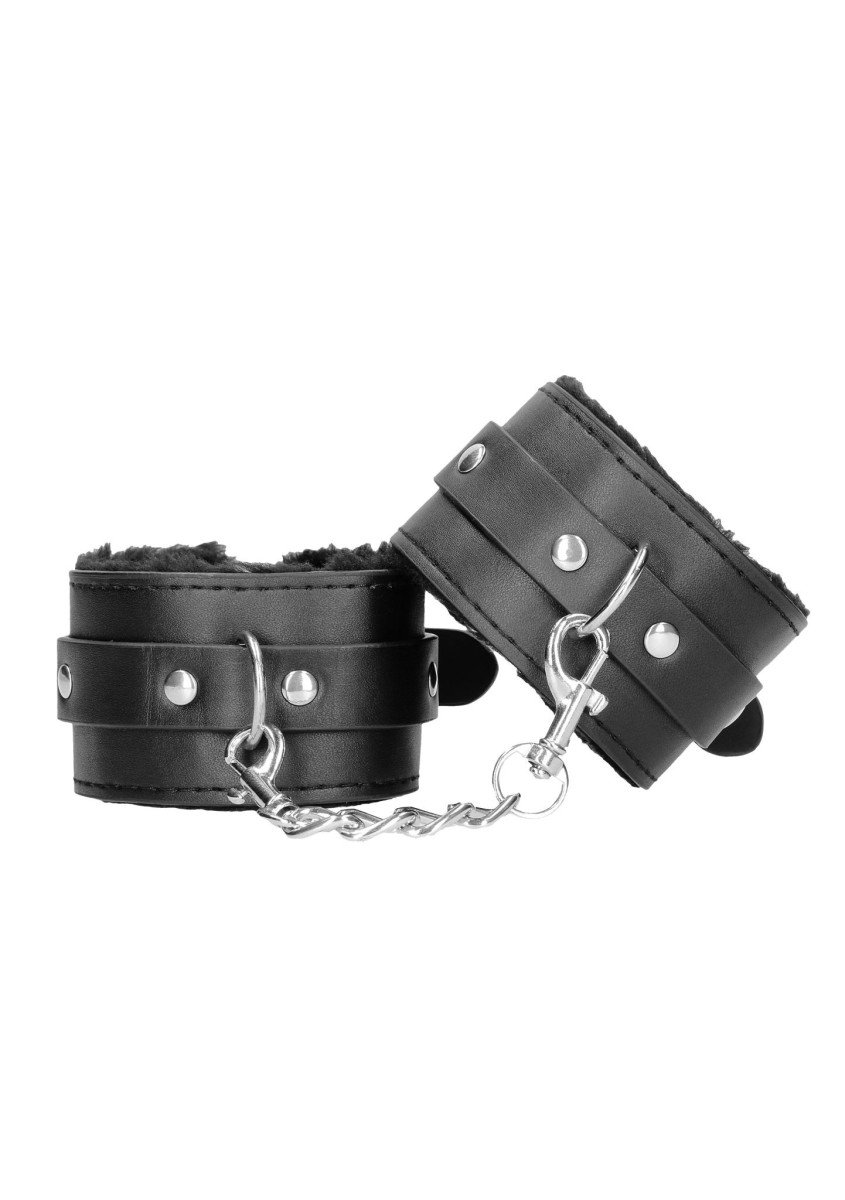 Shots Ouch! Black & White Plush Bonded Leather Wrist Cuffs, pouta na ruce s plyšovým polstrováním