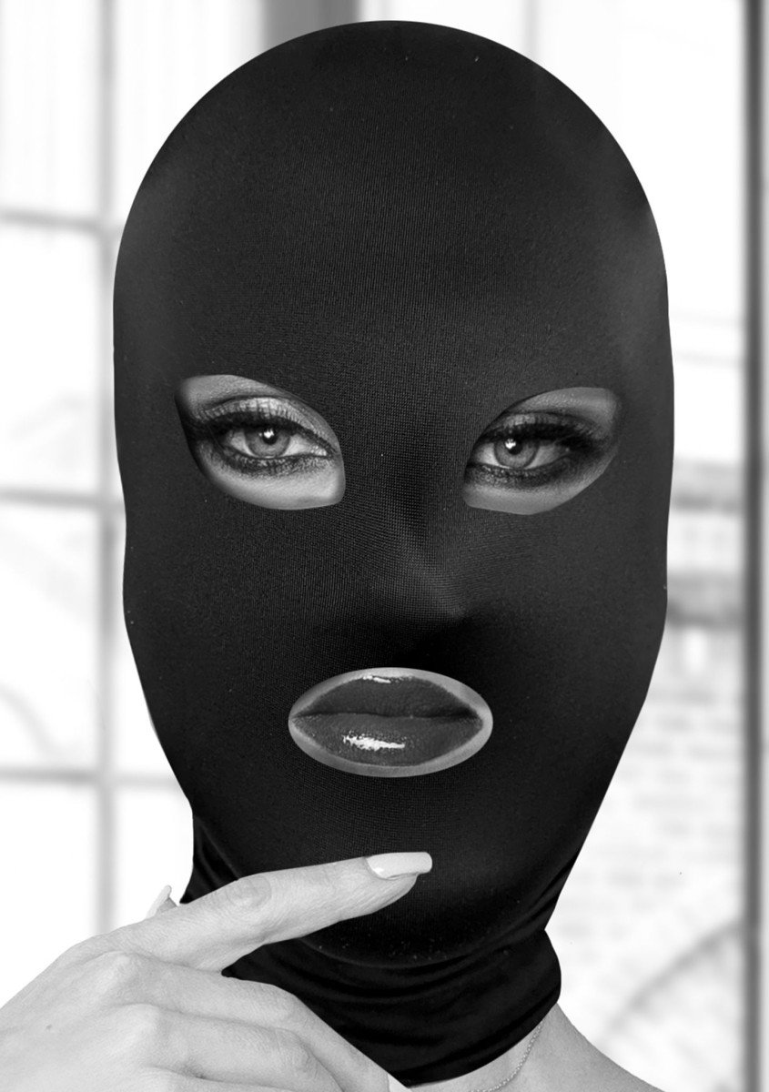 Shots Ouch! Black & White Subversion Mask with Open Mouth and Eyes, černá spandexová kukla