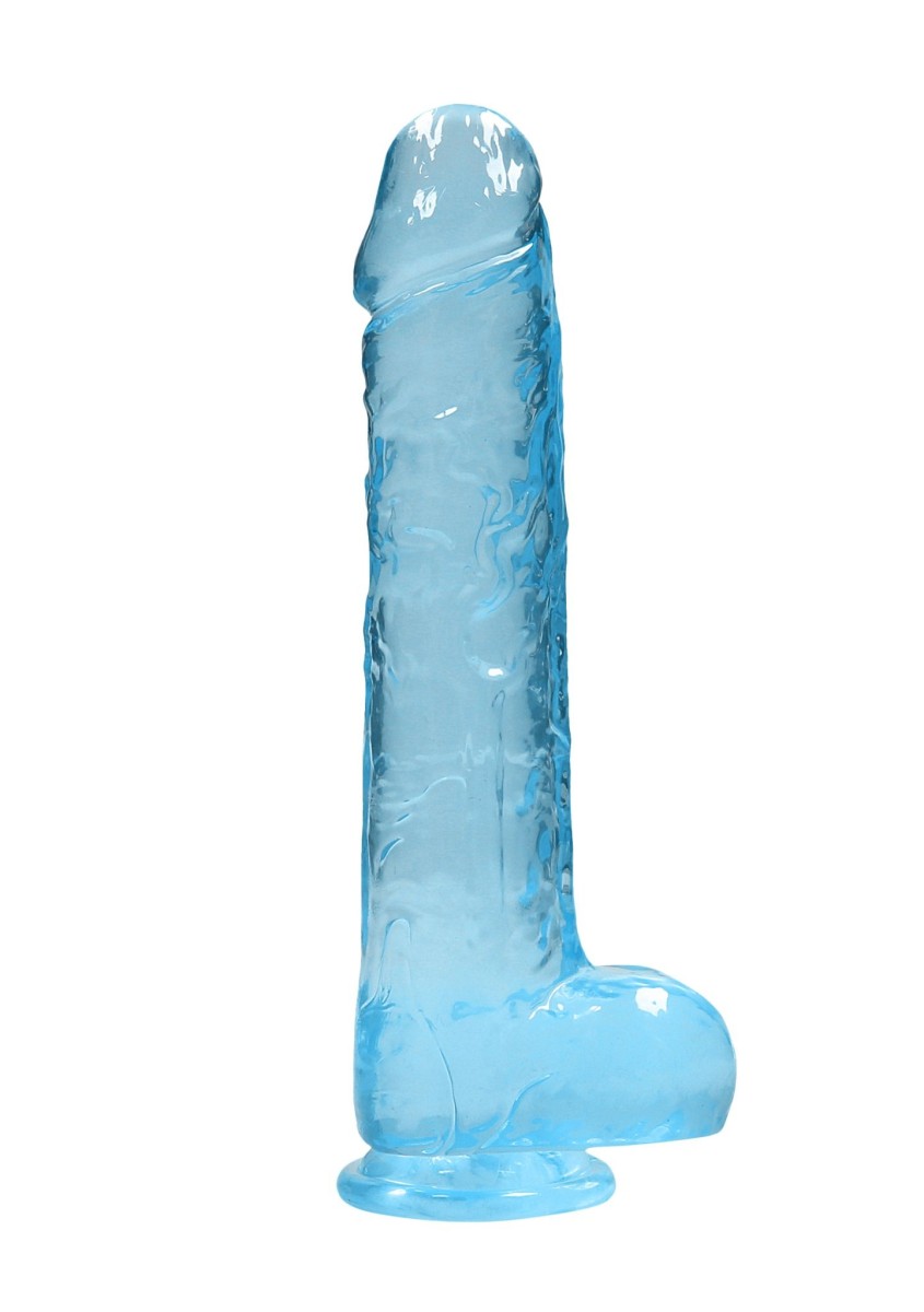 Gelové dildo RealRock Crystal Clear 9″ modré, dildo s přísavkou a varlaty 24 x 4,5 cm