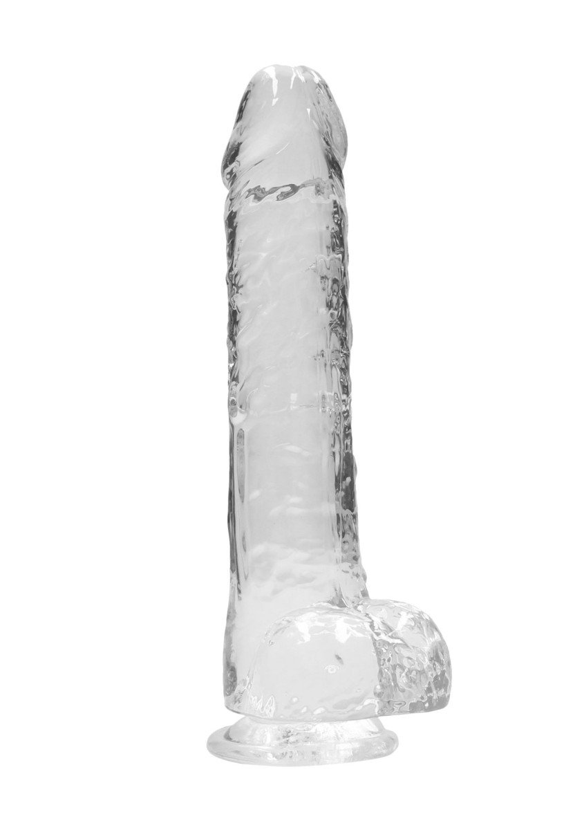 Gelové dildo RealRock Crystal Clear 10″ průhledné, dildo s přísavkou a varlaty 27,5 x 5,3 cm