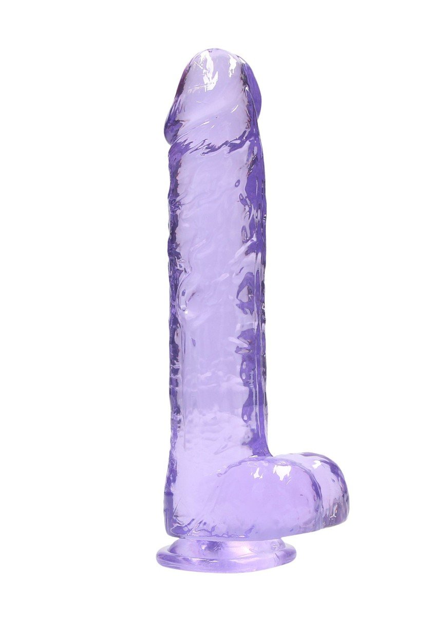 Gelové dildo RealRock Crystal Clear 10″ fialové, dildo s přísavkou a varlaty 27,5 x 5,3 cm