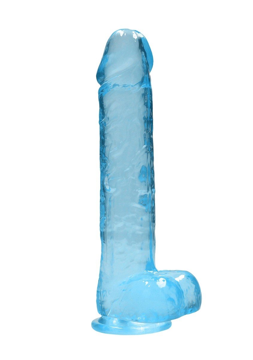 Gelové dildo RealRock Crystal Clear 10″ modré, dildo s přísavkou a varlaty 27,5 x 5,3 cm