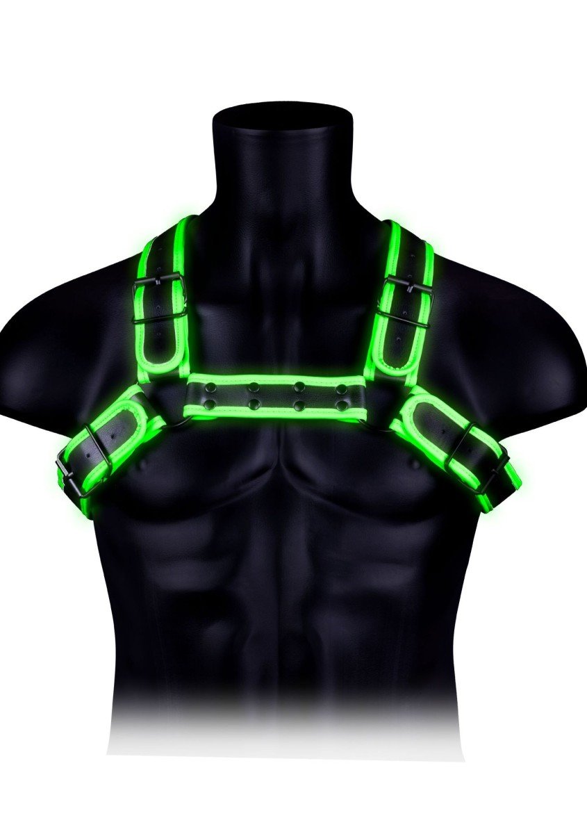 Kožený harness Ouch! Glow in the Dark Buckle Bulldog S/M, svítící pánský kožený postroj