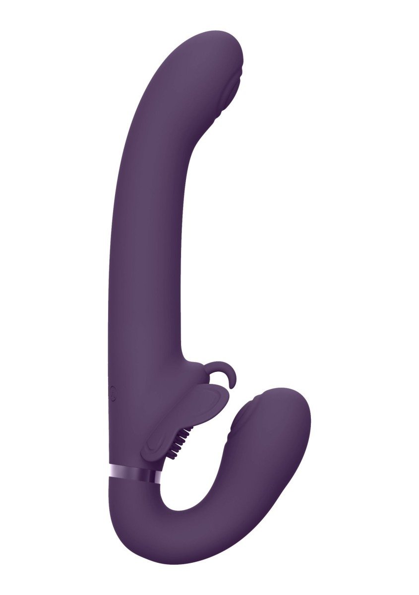 Pulzujúce vkládacie dildo Vive Satu fialové, vibračný strapless strap-on vibrátor 23 x 3,4 cm