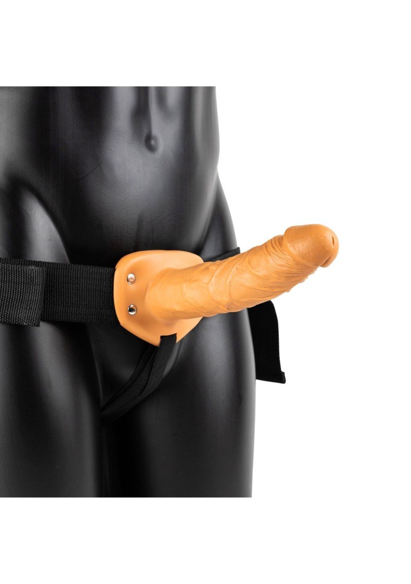 Duté připínací dildo RealRock Hollow Strap-On 8″ tělové, unisex strap-on postroj s dildem 21,5 x 4,8 cm