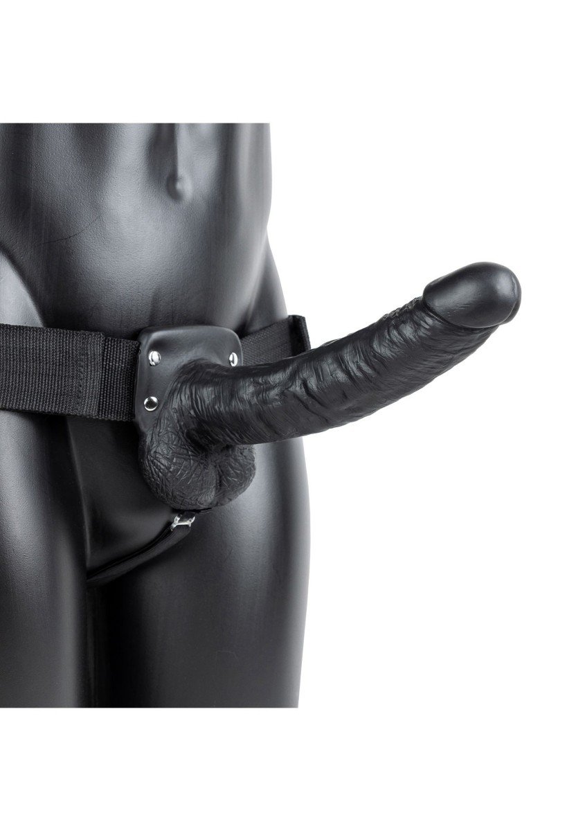 Duté připínací dildo RealRock Hollow Strap-On 9″ černé, unisex strap-on postroj s dildem 25 x 5 cm