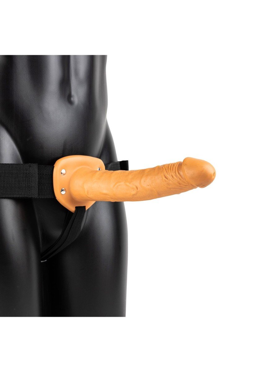 Duté připínací dildo RealRock Hollow Strap-On 10″ tělové, unisex strap-on postroj s dildem 25 x 4,8 cm