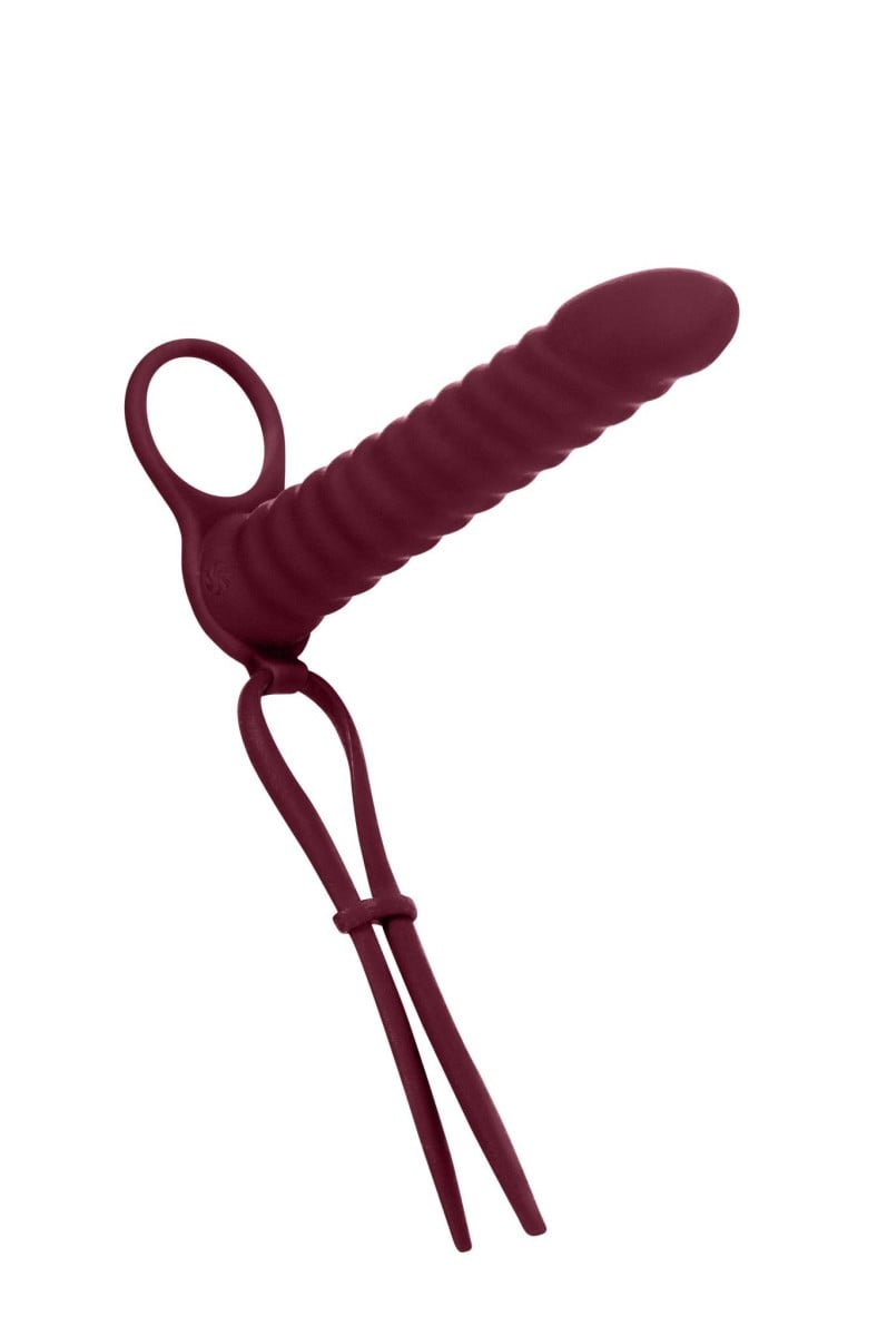 Návlek na penis Lola Games Pure Passion Rori červený, vibračný nadstavec na dvojitú penetráciu 18,5 x 2,7 cm